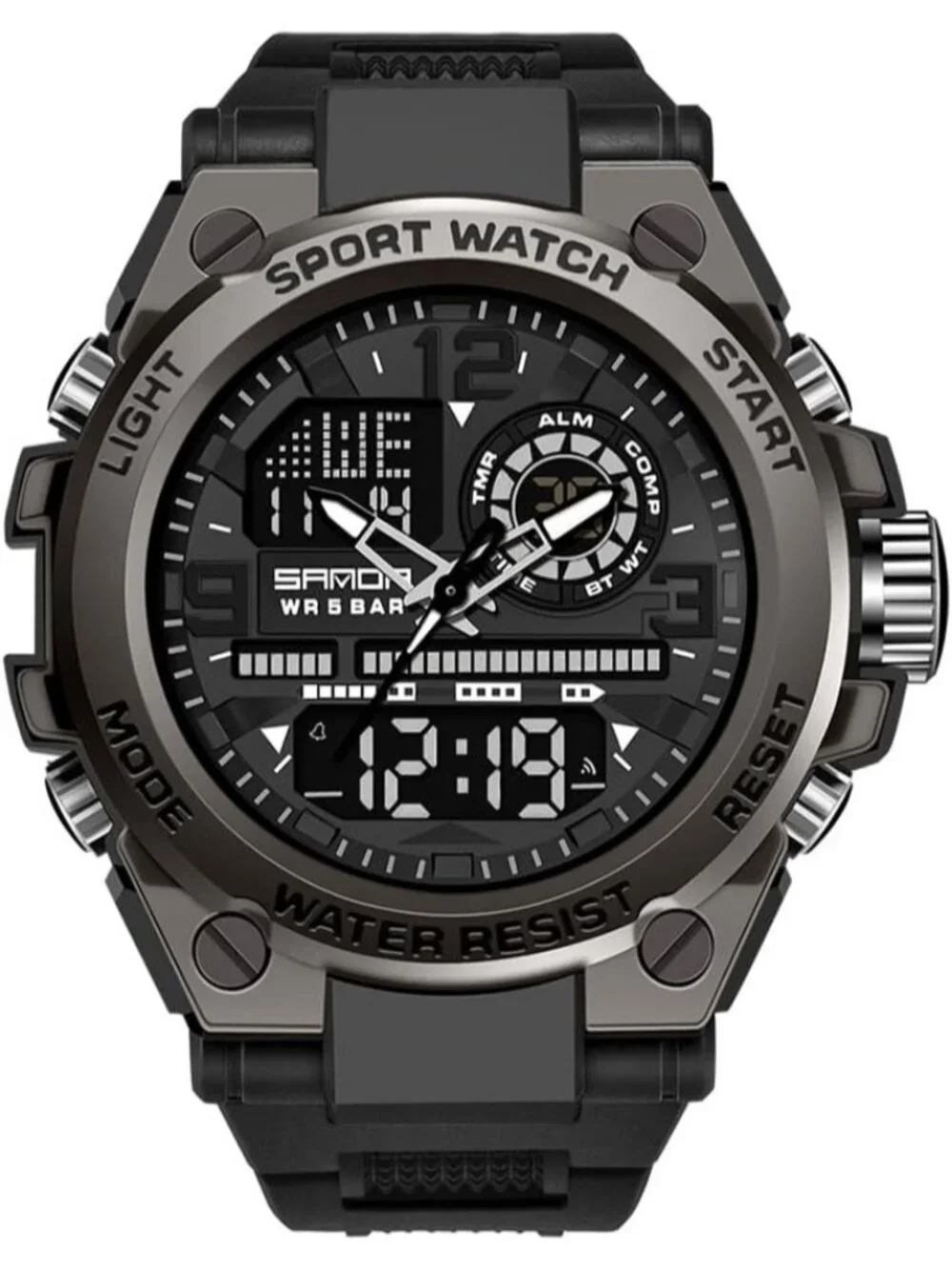 Men All Black Analog Quartz Sports Outdoor Waterproof Military LED Digital Watch